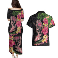 Hawaiian Tropical Plants Turtle and Shark Couples Matching Puletasi and Hawaiian Shirt Polynesian Art Tattoo LT03 - Polynesian Pride
