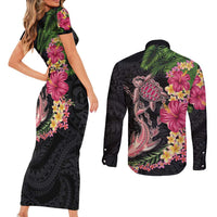 Hawaiian Tropical Plants Turtle and Shark Couples Matching Short Sleeve Bodycon Dress and Long Sleeve Button Shirt Polynesian Art Tattoo