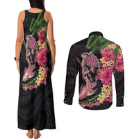 Hawaiian Tropical Plants Turtle and Shark Couples Matching Tank Maxi Dress and Long Sleeve Button Shirt Polynesian Art Tattoo