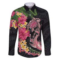 Hawaiian Tropical Plants Turtle and Shark Family Matching Long Sleeve Bodycon Dress and Hawaiian Shirt Polynesian Art Tattoo