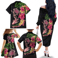 Hawaiian Tropical Plants Turtle and Shark Family Matching Off The Shoulder Long Sleeve Dress and Hawaiian Shirt Polynesian Art Tattoo