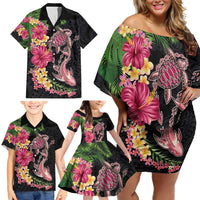 Hawaiian Tropical Plants Turtle and Shark Family Matching Off Shoulder Short Dress and Hawaiian Shirt Polynesian Art Tattoo