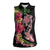 Hawaiian Tropical Plants Turtle and Shark Women Sleeveless Polo Shirt Polynesian Art Tattoo LT03 Female Black - Polynesian Pride