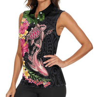 Hawaiian Tropical Plants Turtle and Shark Women Sleeveless Polo Shirt Polynesian Art Tattoo LT03 - Polynesian Pride