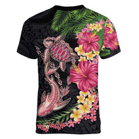 Hawaiian Tropical Plants Turtle and Shark Women V-Neck T-Shirt Polynesian Art Tattoo LT03 - Polynesian Pride