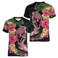 Hawaiian Tropical Plants Turtle and Shark Women V-Neck T-Shirt Polynesian Art Tattoo LT03 - Polynesian Pride