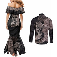 Hawaiian Tropical Plants Turtle and Shark Couples Matching Mermaid Dress and Long Sleeve Button Shirt Polynesian Art Tattoo Grayscale Color
