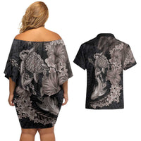 Hawaiian Tropical Plants Turtle and Shark Couples Matching Off Shoulder Short Dress and Hawaiian Shirt Polynesian Art Tattoo Grayscale Color