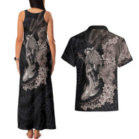 Hawaiian Tropical Plants Turtle and Shark Couples Matching Tank Maxi Dress and Hawaiian Shirt Polynesian Art Tattoo Grayscale Color