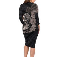 Hawaiian Tropical Plants Turtle and Shark Family Matching Long Sleeve Bodycon Dress and Hawaiian Shirt Polynesian Art Tattoo Grayscale Color