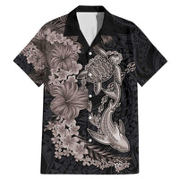 Hawaiian Tropical Plants Turtle and Shark Family Matching Mermaid Dress and Hawaiian Shirt Polynesian Art Tattoo Grayscale Color LT03 Dad's Shirt - Short Sleeve Black - Polynesian Pride