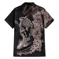 Hawaiian Tropical Plants Turtle and Shark Family Matching Off Shoulder Maxi Dress and Hawaiian Shirt Polynesian Art Tattoo Grayscale Color LT03 - Polynesian Pride