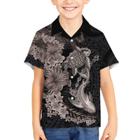Hawaiian Tropical Plants Turtle and Shark Family Matching Off Shoulder Maxi Dress and Hawaiian Shirt Polynesian Art Tattoo Grayscale Color LT03 Son's Shirt Black - Polynesian Pride