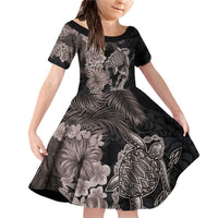Hawaiian Tropical Plants Turtle and Shark Family Matching Off Shoulder Short Dress and Hawaiian Shirt Polynesian Art Tattoo Grayscale Color