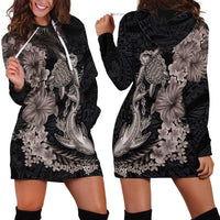 Hawaiian Tropical Plants Turtle and Shark Hoodie Dress Polynesian Art Tattoo Grayscale Color LT03 - Polynesian Pride
