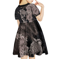 Hawaiian Tropical Plants Turtle and Shark Kid Short Sleeve Dress Polynesian Art Tattoo Grayscale Color LT03 - Polynesian Pride