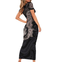 Hawaiian Tropical Plants Turtle and Shark Short Sleeve Bodycon Dress Polynesian Art Tattoo Grayscale Color LT03 - Polynesian Pride