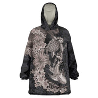 Hawaiian Tropical Plants Turtle and Shark Wearable Blanket Hoodie Polynesian Art Tattoo Grayscale Color LT03 One Size Black - Polynesian Pride