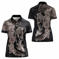 Hawaiian Tropical Plants Turtle and Shark Women Polo Shirt Polynesian Art Tattoo Grayscale Color LT03 - Polynesian Pride