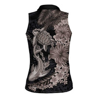 Hawaiian Tropical Plants Turtle and Shark Women Sleeveless Polo Shirt Polynesian Art Tattoo Grayscale Color LT03 - Polynesian Pride