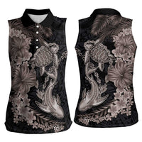 Hawaiian Tropical Plants Turtle and Shark Women Sleeveless Polo Shirt Polynesian Art Tattoo Grayscale Color LT03 - Polynesian Pride