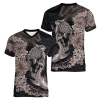 Hawaiian Tropical Plants Turtle and Shark Women V-Neck T-Shirt Polynesian Art Tattoo Grayscale Color LT03 - Polynesian Pride
