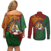 Papua New Guinea East Sepik Province Couples Matching Off Shoulder Short Dress and Long Sleeve Button Shirt Tribal Crocodile Birds of Paradise Melanesian Tattoo LT03 - Polynesian Pride
