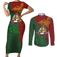 Papua New Guinea East Sepik Province Couples Matching Short Sleeve Bodycon Dress and Long Sleeve Button Shirt Tribal Crocodile Birds of Paradise Melanesian Tattoo LT03 Green - Polynesian Pride
