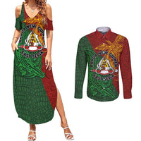 Papua New Guinea East Sepik Province Couples Matching Summer Maxi Dress and Long Sleeve Button Shirt Tribal Crocodile Birds of Paradise Melanesian Tattoo LT03 Green - Polynesian Pride