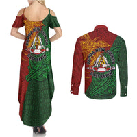 Papua New Guinea East Sepik Province Couples Matching Summer Maxi Dress and Long Sleeve Button Shirt Tribal Crocodile Birds of Paradise Melanesian Tattoo LT03 - Polynesian Pride