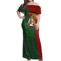 Papua New Guinea East Sepik Province Off Shoulder Maxi Dress Tribal Crocodile Birds of Paradise Melanesian Tattoo LT03 Women Green - Polynesian Pride