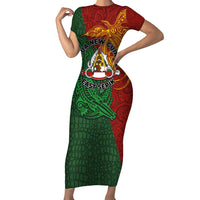 Papua New Guinea East Sepik Province Short Sleeve Bodycon Dress Tribal Crocodile Birds of Paradise Melanesian Tattoo LT03 Long Dress Green - Polynesian Pride