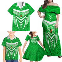 Custom Kimbe Cutters Rugby Family Matching Off Shoulder Maxi Dress and Hawaiian Shirt Papua New Guinea Polynesian Tattoo Green Version LT03 - Polynesian Pride