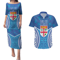 Fiji Day Couples Matching Puletasi and Hawaiian Shirt Fijian Masi Tribal Hibiscus Tattoo and Tapa Pattern LT03 Blue - Polynesian Pride