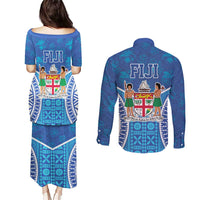Fiji Day Couples Matching Puletasi and Long Sleeve Button Shirt Fijian Masi Tribal Hibiscus Tattoo and Tapa Pattern LT03 - Polynesian Pride
