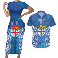 Fiji Day Couples Matching Short Sleeve Bodycon Dress and Hawaiian Shirt Fijian Masi Tribal Hibiscus Tattoo and Tapa Pattern LT03 Blue - Polynesian Pride