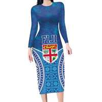 Fiji Day Family Matching Long Sleeve Bodycon Dress and Hawaiian Shirt Fijian Masi Tribal Hibiscus Tattoo and Tapa Pattern LT03 Mom's Dress Blue - Polynesian Pride