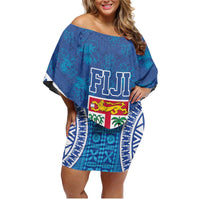 Fiji Day Family Matching Off Shoulder Short Dress and Hawaiian Shirt Fijian Masi Tribal Hibiscus Tattoo and Tapa Pattern LT03 Mom's Dress Blue - Polynesian Pride