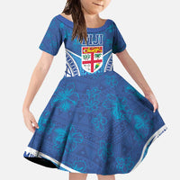 Fiji Day Family Matching Summer Maxi Dress and Hawaiian Shirt Fijian Masi Tribal Hibiscus Tattoo and Tapa Pattern LT03 Daughter's Dress Blue - Polynesian Pride