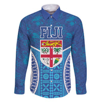 Fiji Day Family Matching Tank Maxi Dress and Hawaiian Shirt Fijian Masi Tribal Hibiscus Tattoo and Tapa Pattern LT03 Dad's Shirt - Long Sleeve Blue - Polynesian Pride