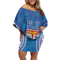 Fiji Day Off Shoulder Short Dress Fijian Masi Tribal Hibiscus Tattoo and Tapa Pattern LT03 Women Blue - Polynesian Pride