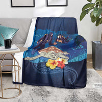 Polynesian Scuba Diving Blanket Honu with Hibiscus and Plumeria Flower and Tapa Tribal Pattern