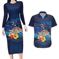 Polynesian Scuba Diving Couples Matching Long Sleeve Bodycon Dress and Hawaiian Shirt Honu with Hibiscus and Plumeria Flower and Tapa Tribal Pattern LT03 Blue - Polynesian Pride