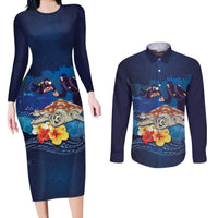 Polynesian Scuba Diving Couples Matching Long Sleeve Bodycon Dress and Long Sleeve Button Shirt Honu with Hibiscus and Plumeria Flower and Tapa Tribal Pattern LT03 Blue - Polynesian Pride