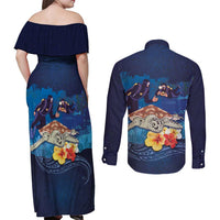 Polynesian Scuba Diving Couples Matching Off Shoulder Maxi Dress and Long Sleeve Button Shirt Honu with Hibiscus and Plumeria Flower and Tapa Tribal Pattern LT03 - Polynesian Pride