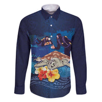 Polynesian Scuba Diving Family Matching Off The Shoulder Long Sleeve Dress and Hawaiian Shirt Honu with Hibiscus and Plumeria Flower and Tapa Tribal Pattern LT03 Dad's Shirt - Long Sleeve Blue - Polynesian Pride