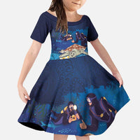 Polynesian Scuba Diving Family Matching Short Sleeve Bodycon Dress and Hawaiian Shirt Honu with Hibiscus and Plumeria Flower and Tapa Tribal Pattern LT03 Daughter's Dress Blue - Polynesian Pride