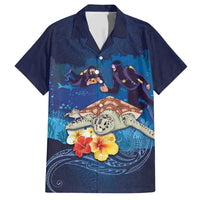 Polynesian Scuba Diving Family Matching Short Sleeve Bodycon Dress and Hawaiian Shirt Honu with Hibiscus and Plumeria Flower and Tapa Tribal Pattern LT03 Dad's Shirt - Short Sleeve Blue - Polynesian Pride