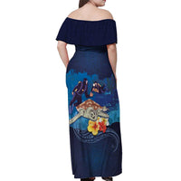 Polynesian Scuba Diving Off Shoulder Maxi Dress Honu with Hibiscus and Plumeria Flower and Tapa Tribal Pattern LT03 - Polynesian Pride