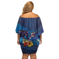 Polynesian Scuba Diving Off Shoulder Short Dress Honu with Hibiscus and Plumeria Flower and Tapa Tribal Pattern LT03 - Polynesian Pride